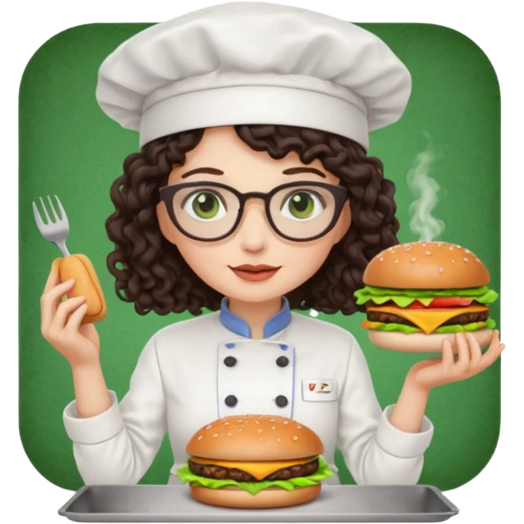A female chef with glasses, dark brown long curly hair, White skin,Green eyes and cooking a burger emoji