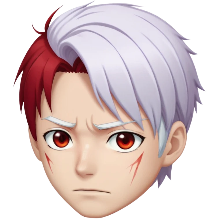Shoto Todoroki face only, left side white hair, right side red hair, heterochromatic eyes, burn scar on left side of face, serious expression emoji