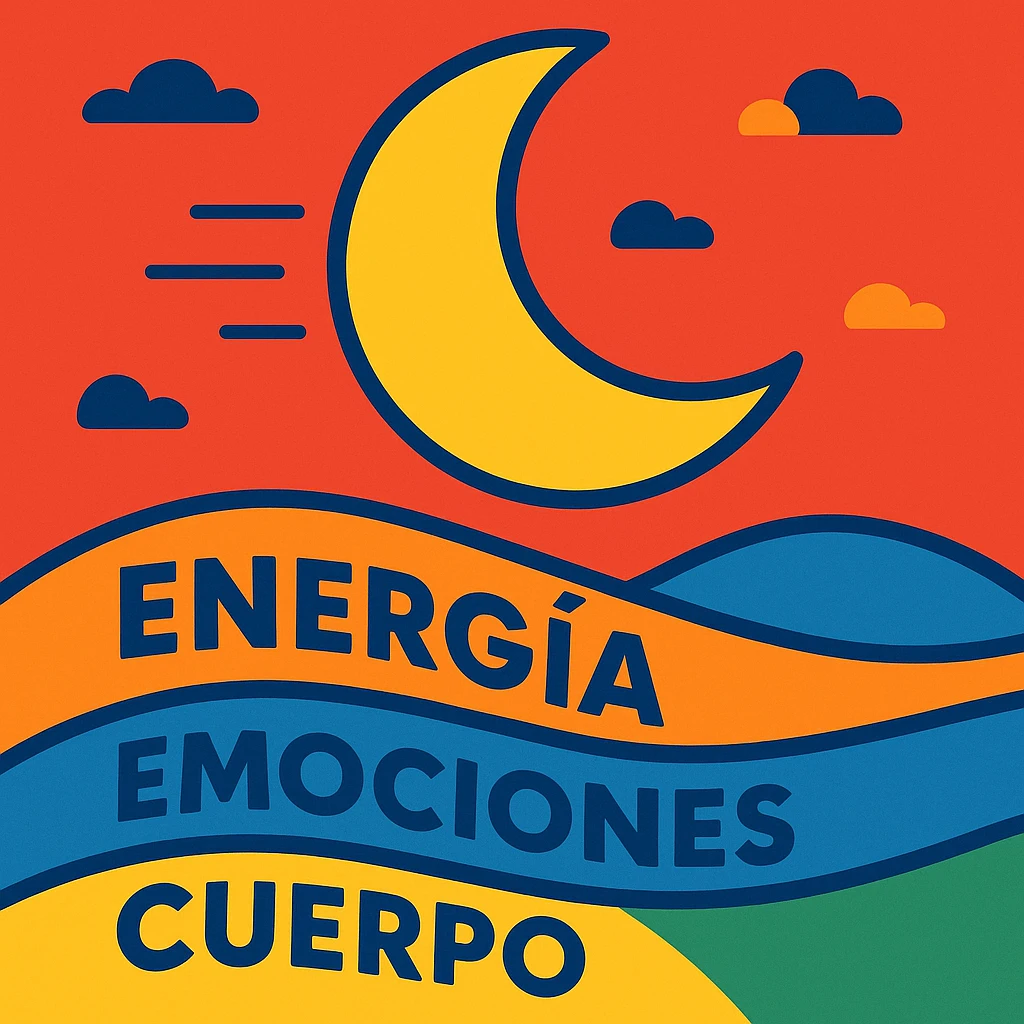 moon moving in a red sky, words 'energía', 'emociones', 'cuerpo' visible, colorful cartoon style emoji