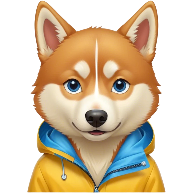 cute, disney-style red siberian husky with blue eyes, wearing a yellow rain jacket emoji