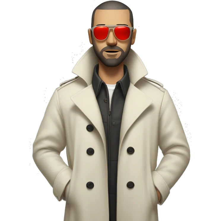 <excerpt>
A white man with real buzz cut Black hair, beard stubble donning small red tinted sun glasses in a dirty white trench coat, is serious.
</excerpt> emoji