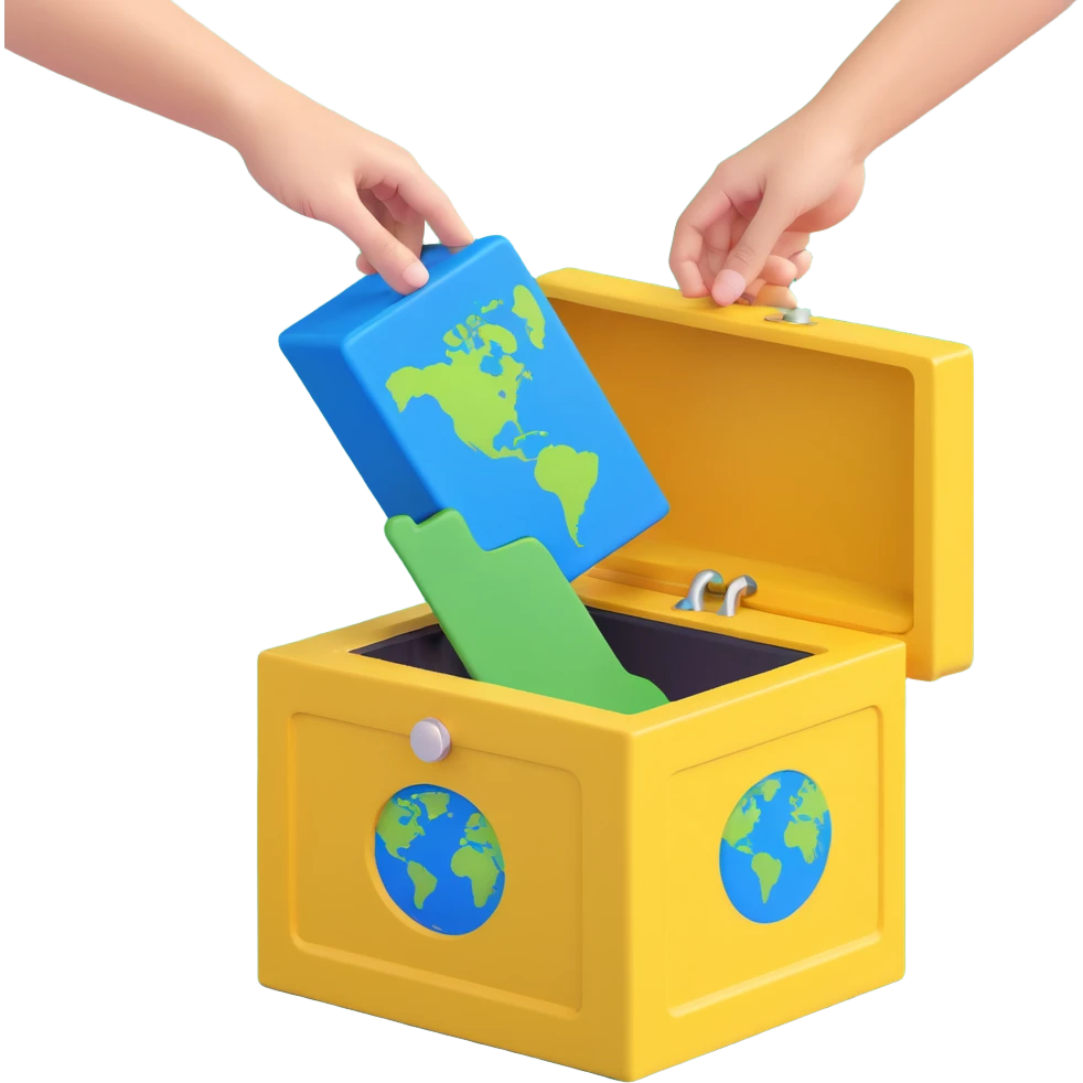 3D illustration of two hands on either side sliding a simplified Earth with green continents and blue oceans into a warm yellow ballot box, playful style, bold lines, soft textures emoji