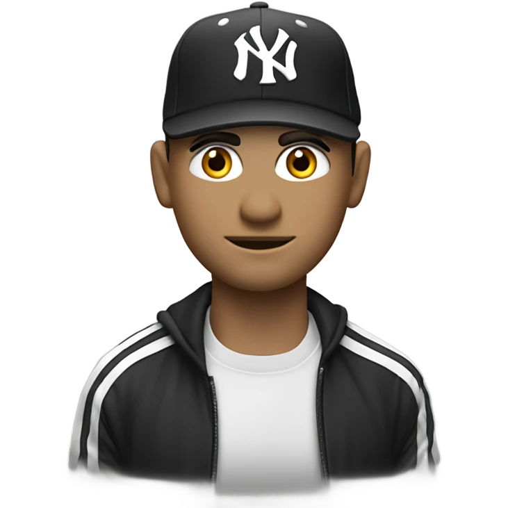 Homme blanc / cheveux courts noir / yeux en amande / viril / mal rasé / casquette yankee noir emoji