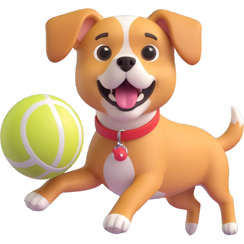 dog chasing ball in forrest, close up pose emoji