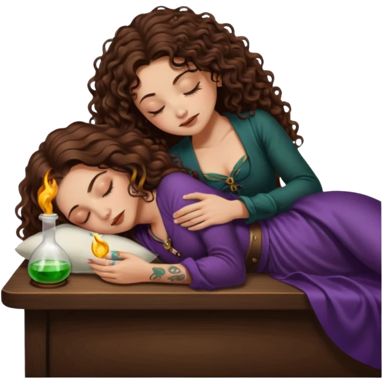 potion lab nap — long wavy brown hair tattooed woman and short tight curly brown hair woman — asleep at alchemy table emoji
