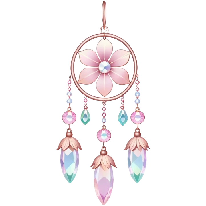 Hanging Iridescent pastel pink sakura crystals white-pearly suncatcher with bells and feathers emoji