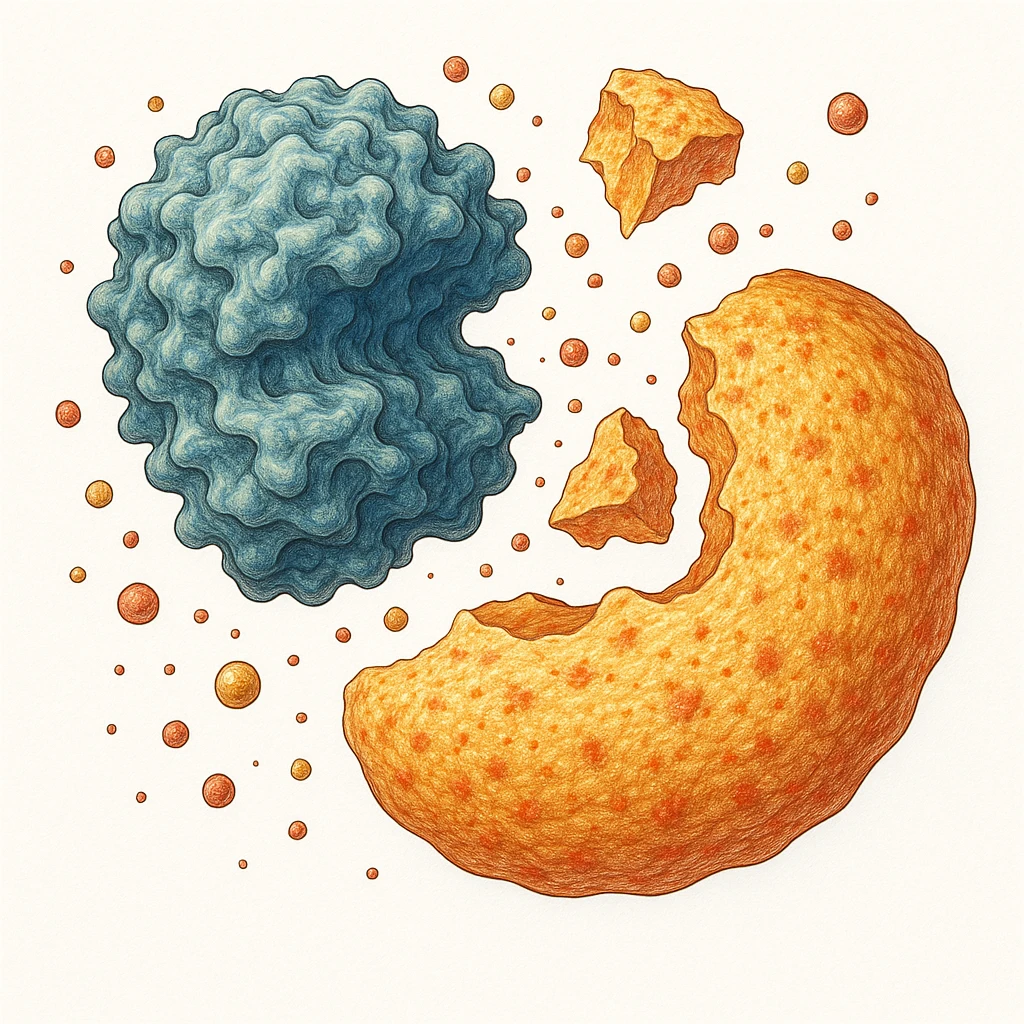 Ultra-detailed scientific illustration  (like in a school book) of enzyme digestion. Macro molecular view, clean white background, no text, no human figures or cartoon characters. Purely biological focus. emoji