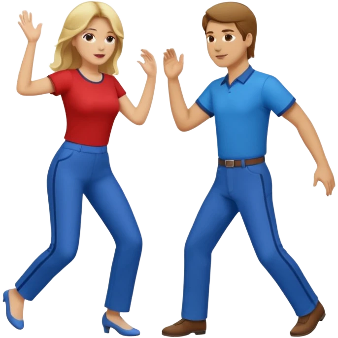 Two people dancing. Man in red shirt and pants with brown hair. Women in blue shirt and pants with blond hair. emoji