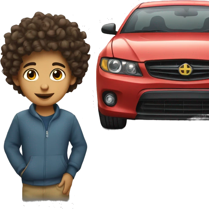 Hispanic kid with curly hair next to a car emoji