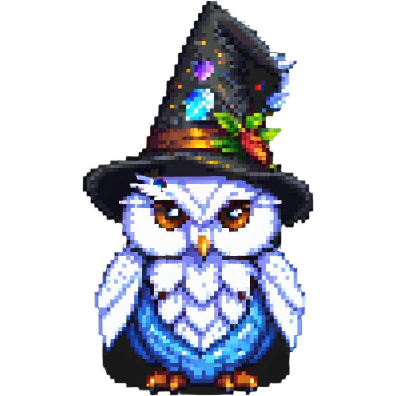 pixel art owl with a wizard hat emoji