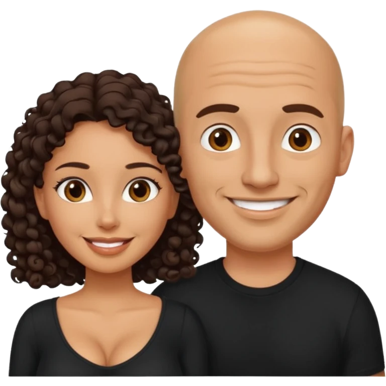A picture of a sexy tanned couple. the man is Mexican, with a bald hair cut and a black shirt. the woman is mixed, she has curly longer dark brown hair,  she has glasses only, and with big boobs. Take the glasses of the man emoji