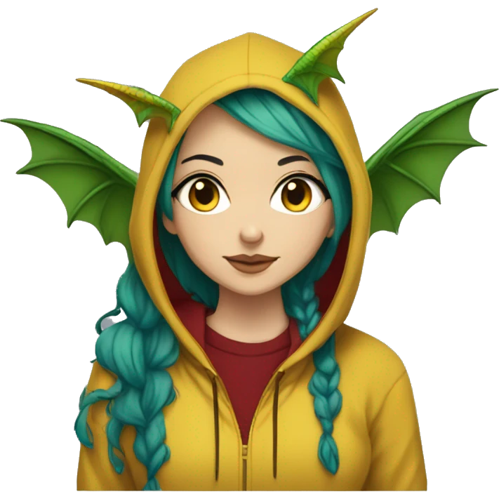 Lady with brunette and iridescent blue hair, hemp, gold, green dragon wings, maroon hoodie, 420, black and gold Nike t shirt, and bright red eyes emoji