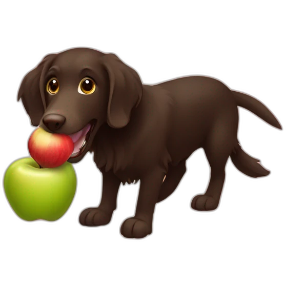 Brown flat coated retriever eating an apple emoji