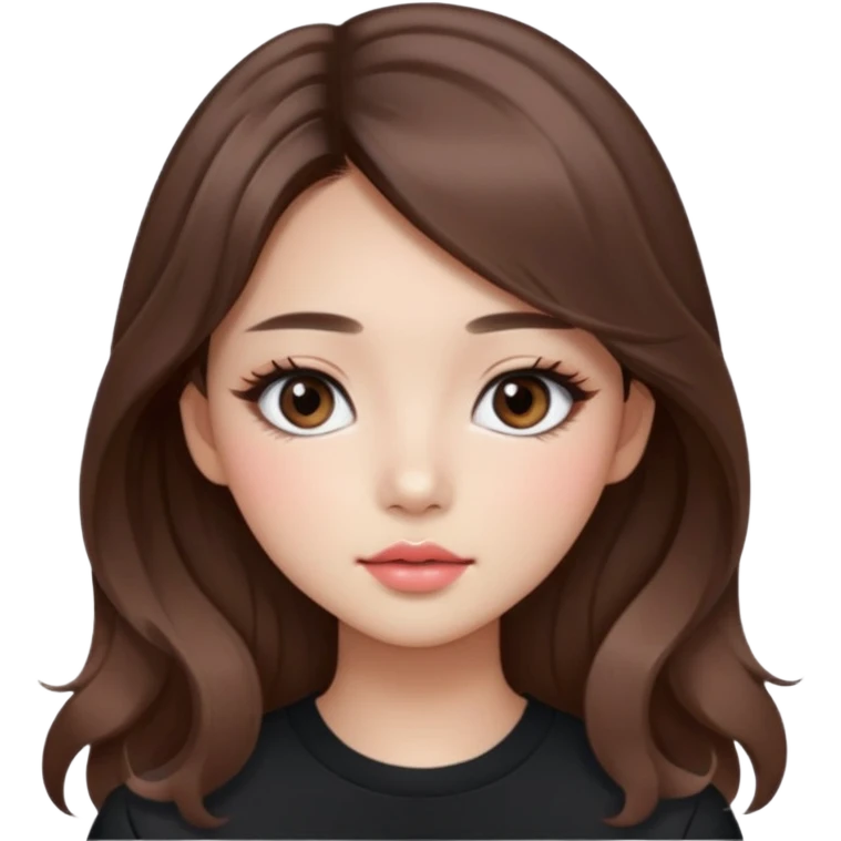 “korean straight brown hair Emoji girl, soft eyeliner and blush, gradient lips, light brown shimmer eyeshadow, long wavy hair,  emoji
