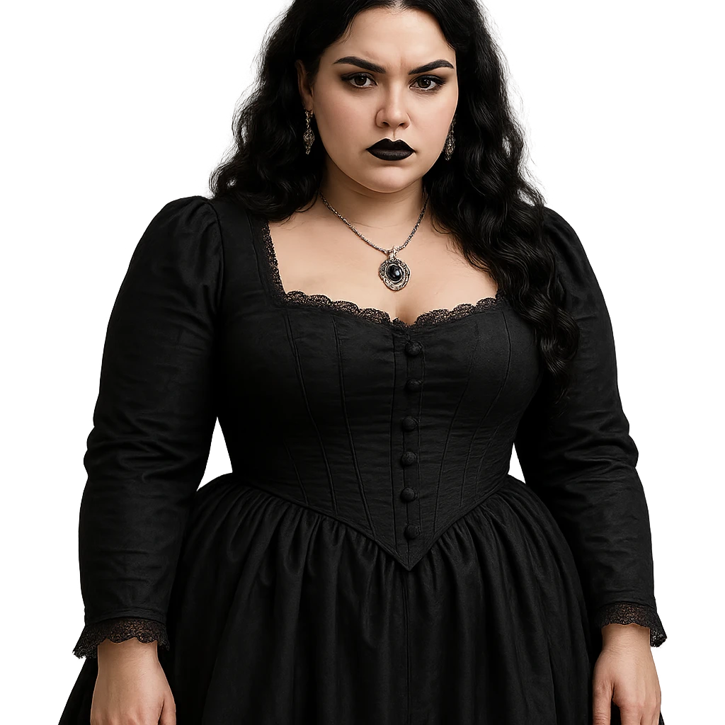 gothic girl, curvy, black Victorian dress, silver jewelry, moody expression emoji