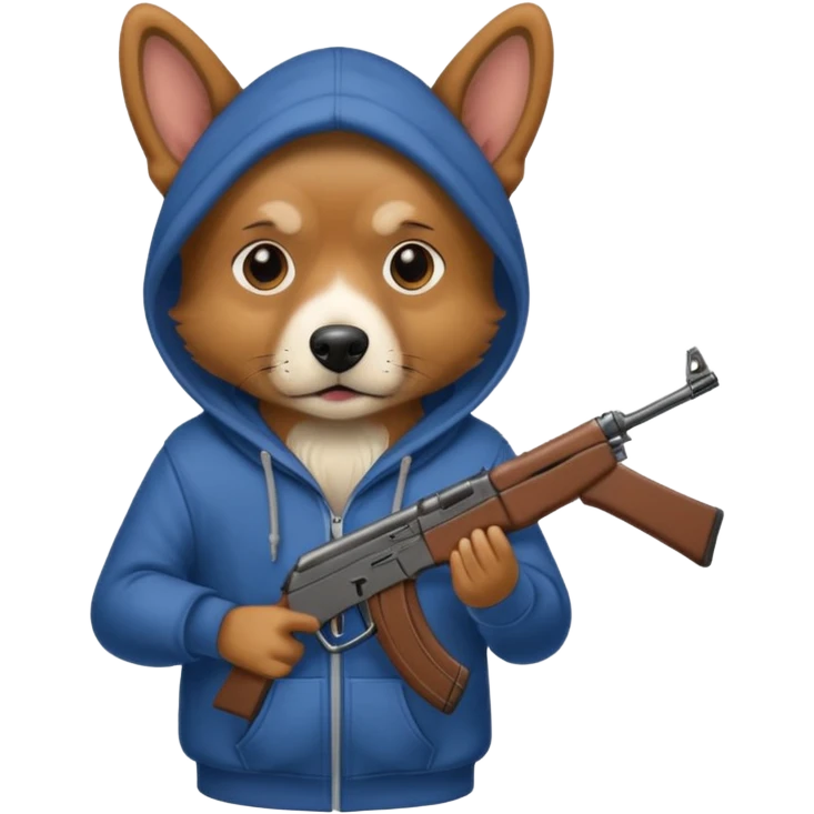 dog wearing a hoodie with a ak-47 emoji
