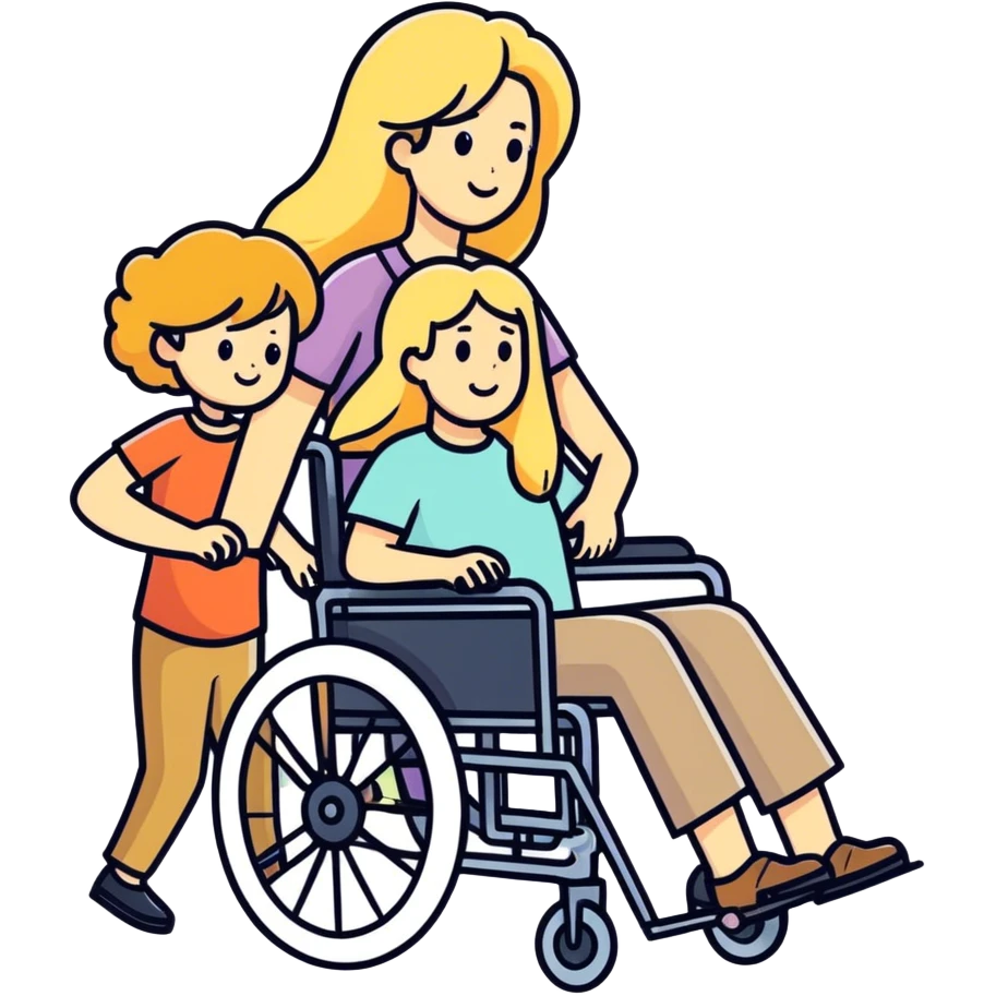 Wheelchair bearded mom being pushed by long haired blonde women emoji