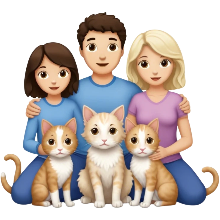 Family of five, brunette daughter, blonde daughter, brunette father, brunette mother, brunette son, 2 white cats & two aussiedoodles emoji