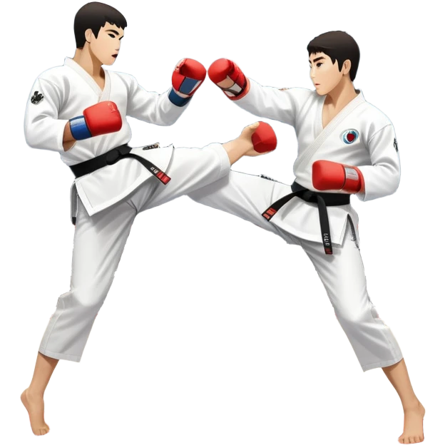 Two taekwondo fighters in traditional white doboks with black belts compete in a dynamic match. One delivers a high kick, while the other blocks using their knee. The background features a professional arena with bright lights and spectators. Transparent background. emoji