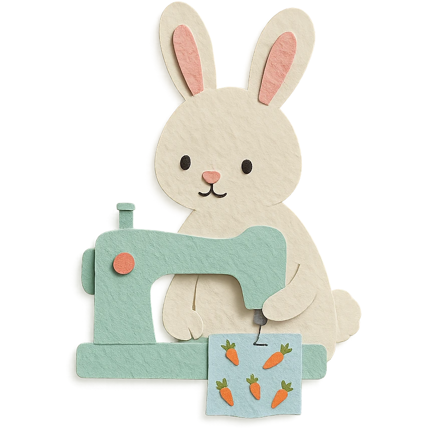 fluffy sewing machine rabbit stitching with a tiny carrot pattern, soft mint pastel, full-body emoji