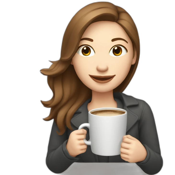 eyes closed smiling woman pale skin middle brown hair holding a closed laptop and a coffee mug emoji