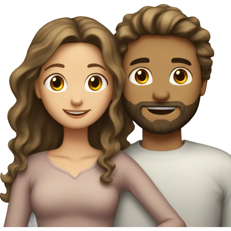 Brunette girl with wavy hair hugging blond boy whit a beard lovingly couple emoji