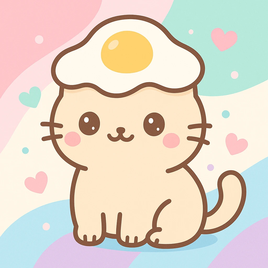 Add a playful, colorful background behind the cat wearing an egg hat, keeping the kawaii style. emoji