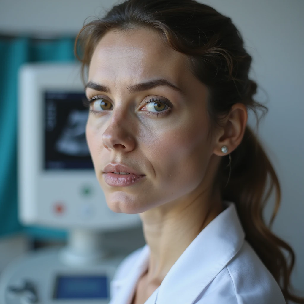 close-up of a woman with PCOS, serious expression, simple clinic clothing, clinical background with ultrasound machine in the background, hyperrealistic 4K details emoji