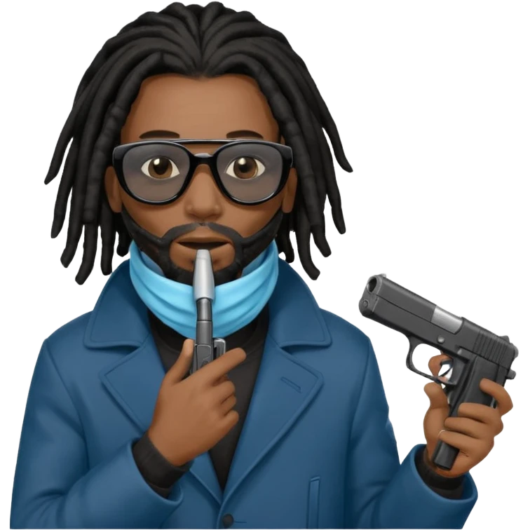 African American man with shoulder length black dreadlocks  wearing black sunglasses wearing a black winter coat wearing a blue hospital mask covering mouth and nose  holding a Glock gun in hand emoji
