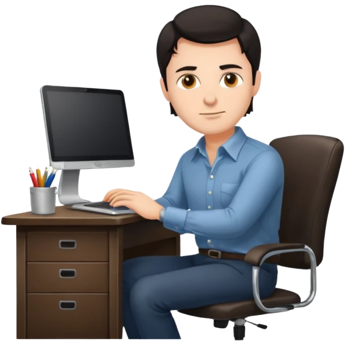 Rich man working setting on a chair in shirt, dark hair, and near the desk with laptop he is german very beautiful looks like emoji