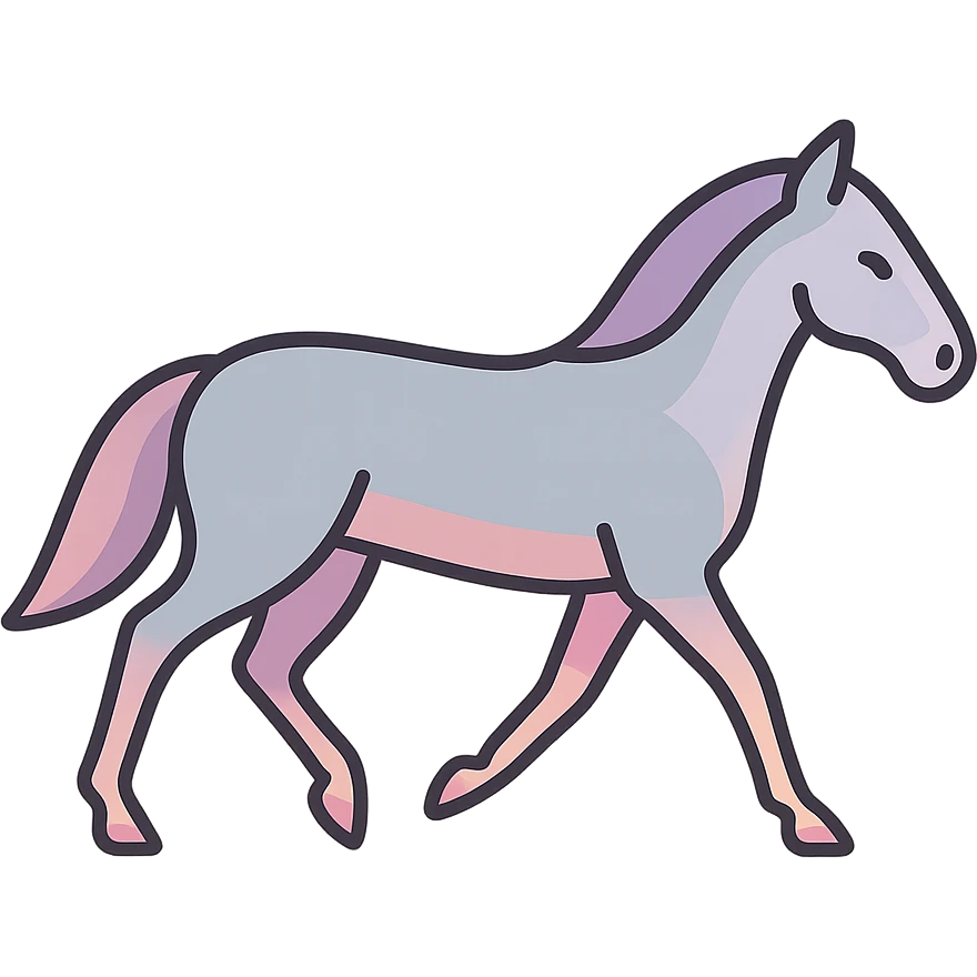 Create an icon-color-outlined style illustration of a horse in Chinese eastern style. The pose matches the reference with both hooves on one side of the body in the air. Use thin, clean contours and soft rounded shapes. Employ a pastel palette with colors #98B5BC, #B5B3C1, #C9A3C9, #E4C0CA, #F7DCD1, #F7C0AA. Include detailed shadows and highlights with soft lighting. The background should be transparent. The horse should appear less cute and have no decorative elements. emoji