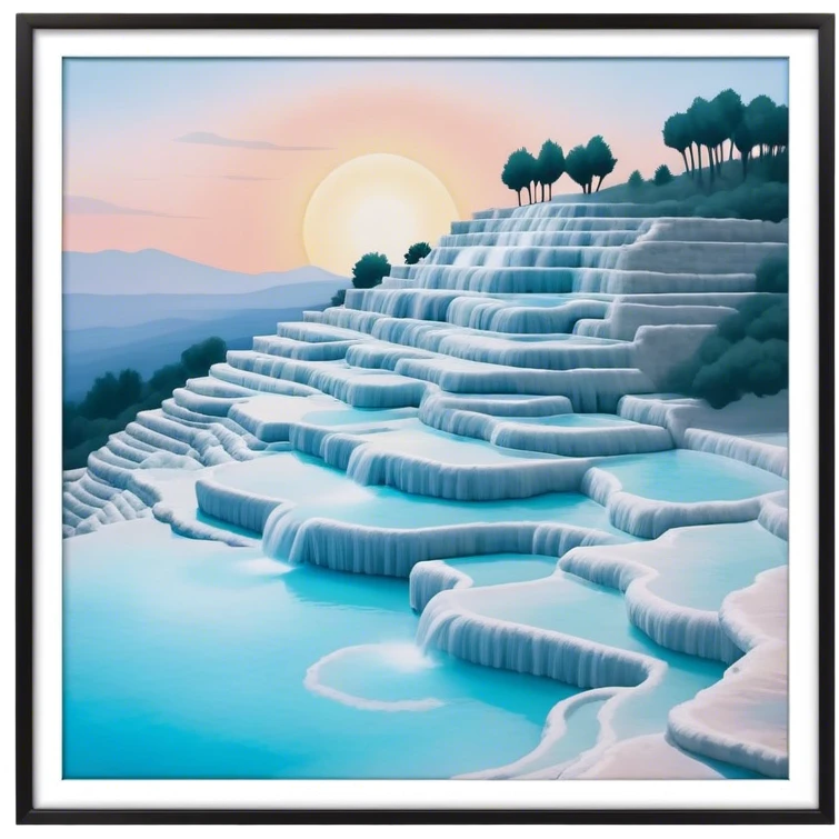 Cinematic Realistic Pamukkale Landmark Emoji, showcasing surreal cascading terraces of thermal waters rendered with ethereal textures and soft, luminous lighting. emoji