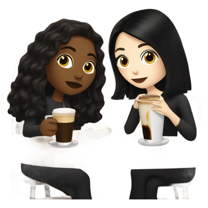 puerto rican woman light skin with shoulder-length, wavy, brown hair drinking latte with Italian goth woman with black, straight hair drinking espresso at table emoji