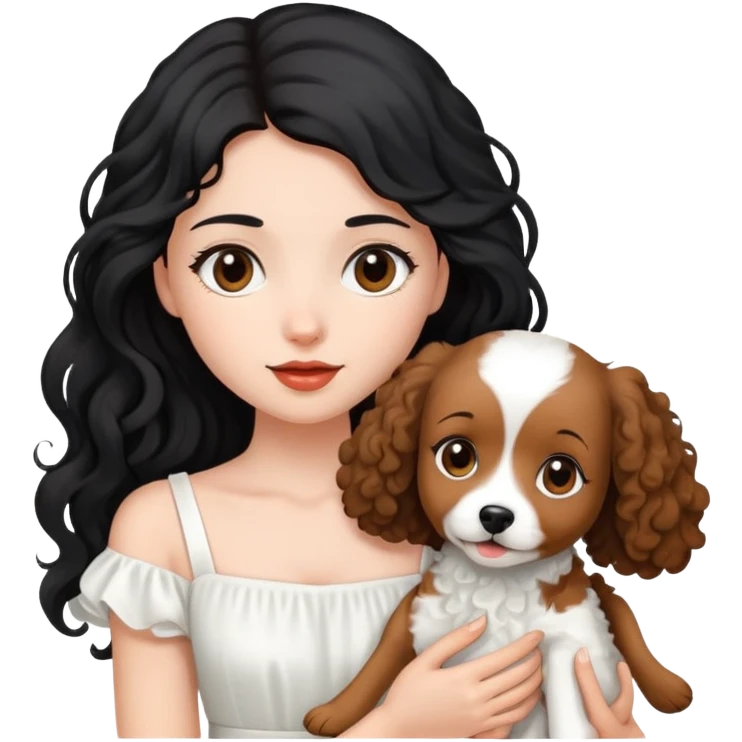beautiful girl with long black hair in a white dress holding a small brown curly-haired dog emoji