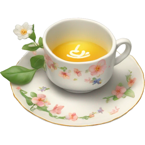a serene teacup on a small plate with a print of small fuel flowers emoji