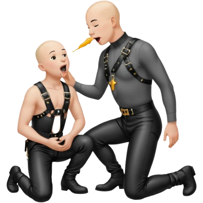 a bald man on his knees and a black leather harness, his tongue out, looking up next to a standing man in leather pissing into the kneeling man’s mouth emoji