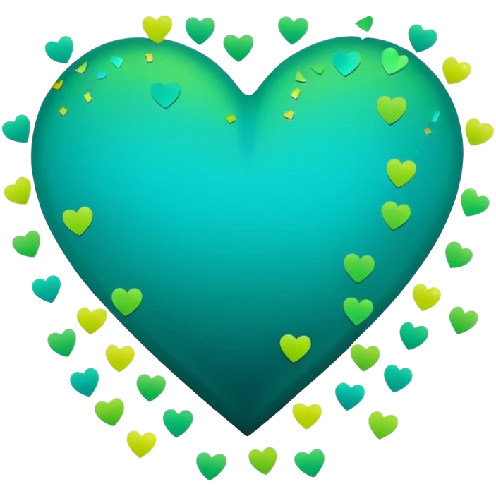 emoji: teal and neon green gradient heart with NYE celebration confetti from behind. emoji