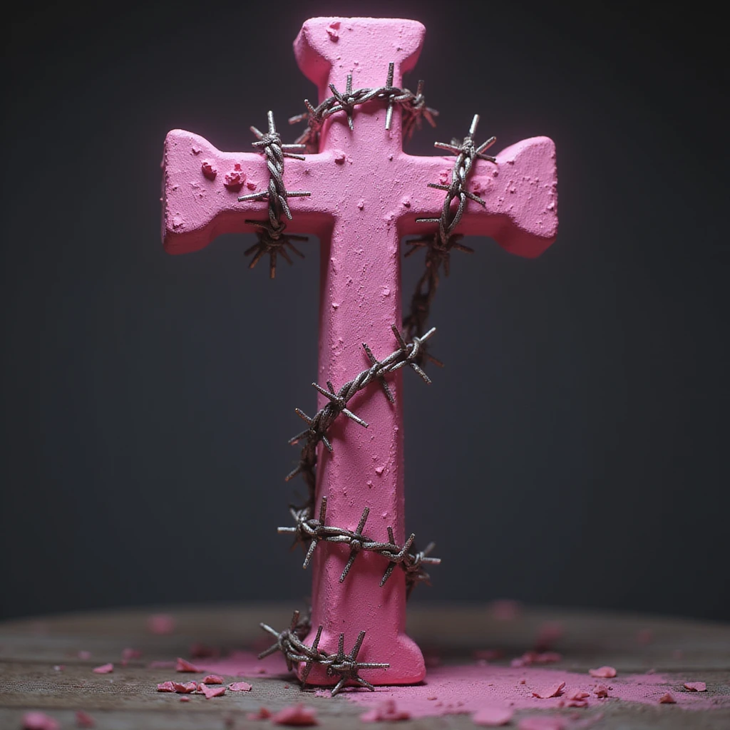 realistic gothic cross, pink with barbed wire, photorealistic style, no background emoji