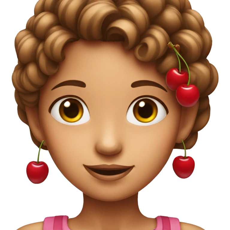 a girl with a square holds cherries near her ears emoji