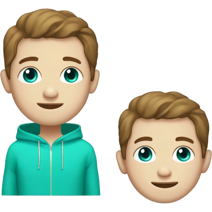 Smiley male with very short brown hair and a pale complexion with a few freckles. Blue eyes, wearing a turquoise green hoody emoji