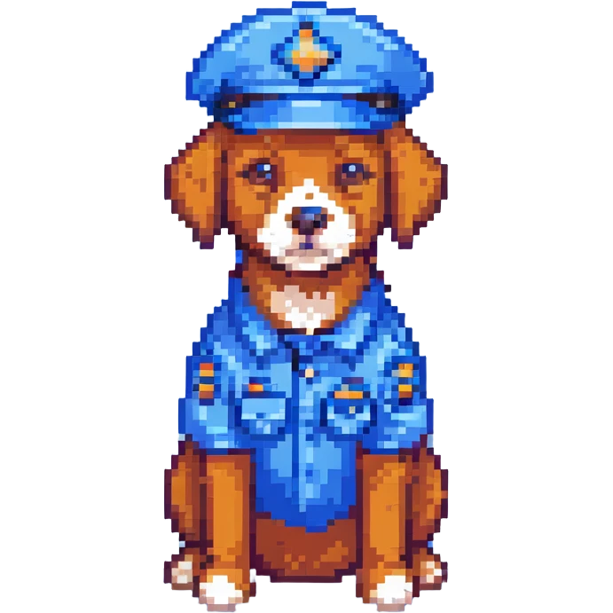 pixel art style dog in a blue police cap emoji