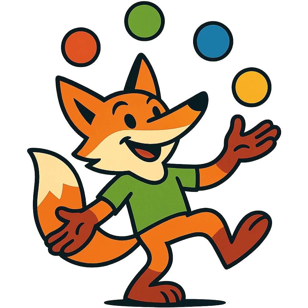clever fox juggling, vibrant toon style emoji