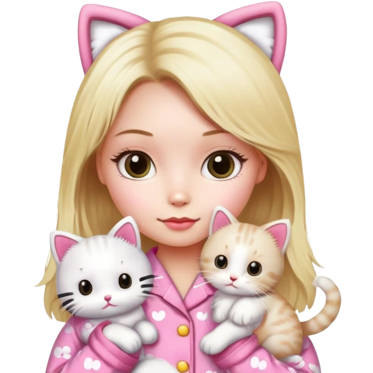 Blonde girl wearing pink Hello Kitty pajamas with two ragdoll cats emoji