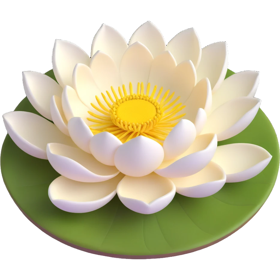Realistic white lotus flower with detailed layered cream-white petals and bright yellow stamens, floating on accurate lotus pad with characteristic notch and bowl shape emoji