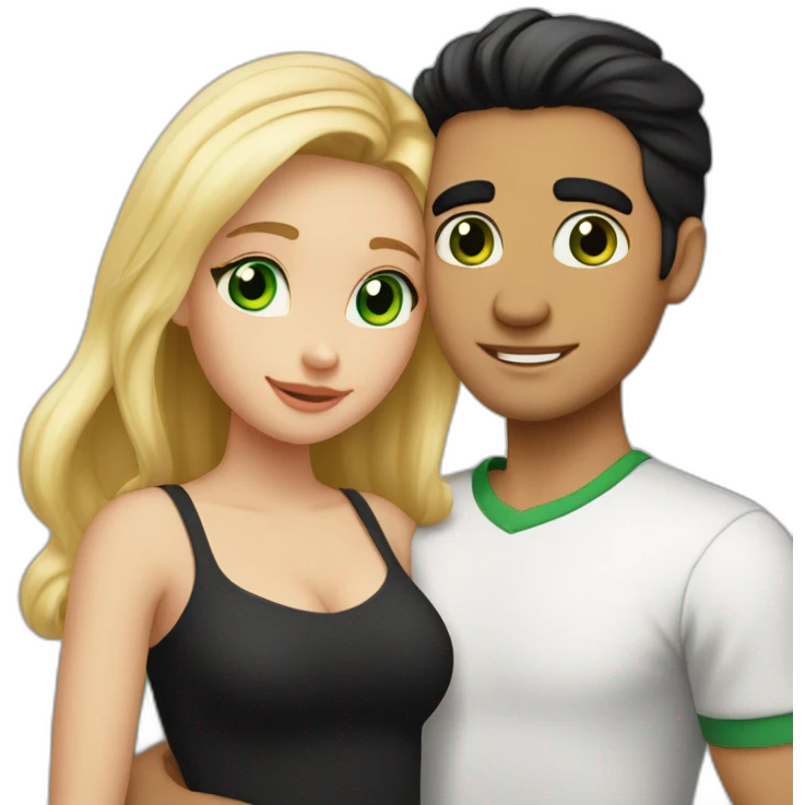 A couple of a girl with blonde hair and green eyes, and a man with black hair and black eyes, that are hugging emoji