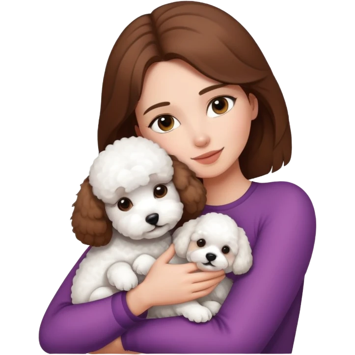 a brown haired woman hugging white bichon emoji