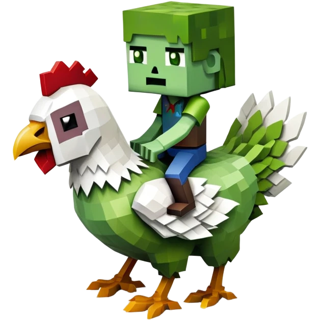 small square-shaped Minecraft zombie riding a small white chicken emoji