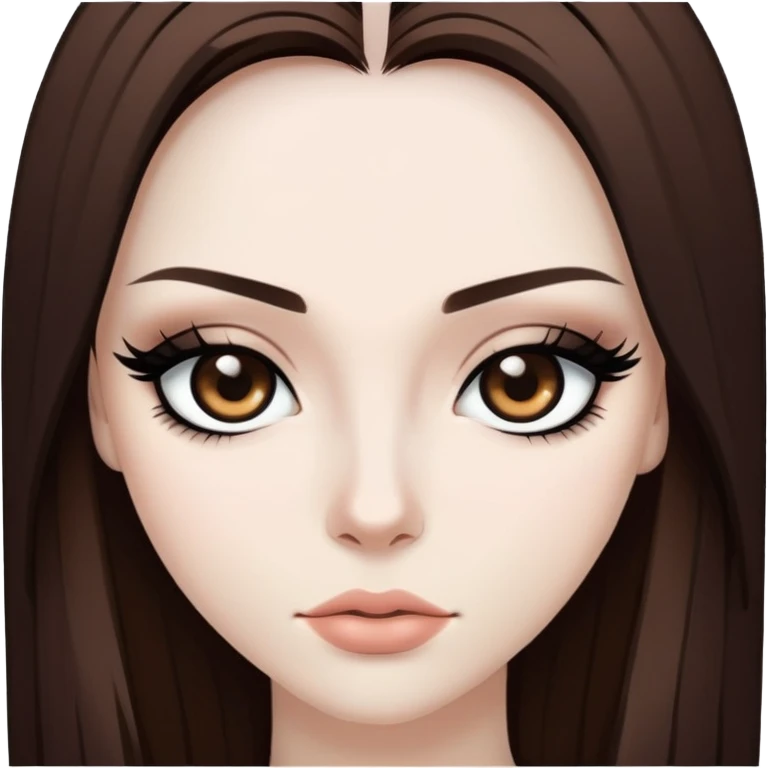 pretty baddie, brown straight hair, pale skin, long hair, dark brown eyes, bold black eyeliner emoji