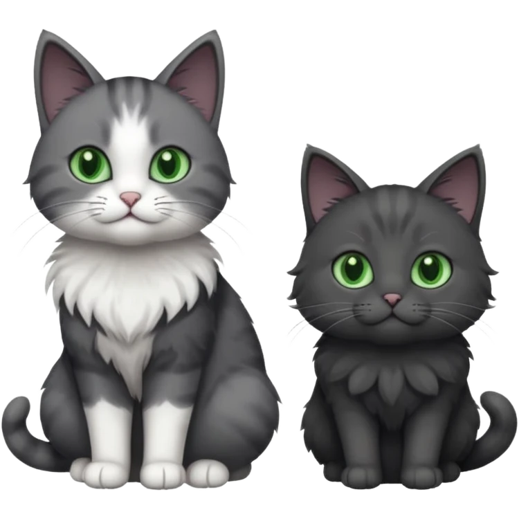 one dark grey and white cat and one completely solid dark grey cat with green eyes and only white paws emoji