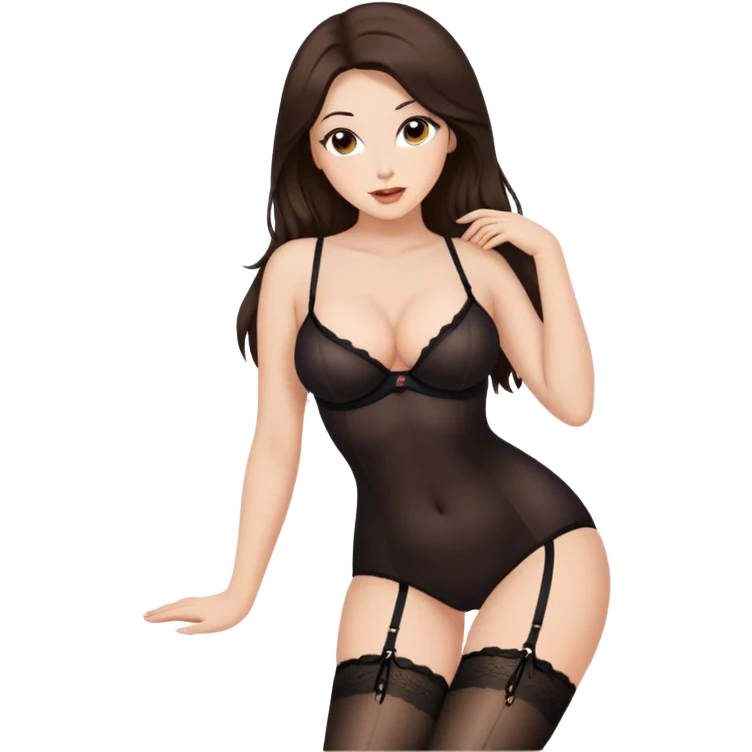 Beautiful Buxom brunette long hair and brown eyes, intimate, sfw black nylon stocking pose emoji